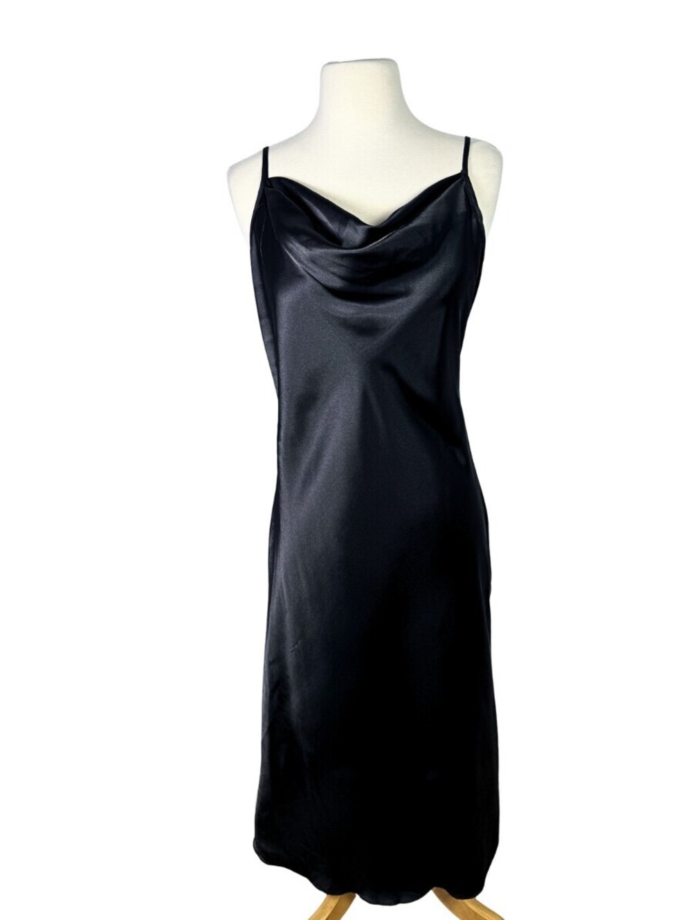 Y2K Bebe Black Satin Slip Dress Cowl Neck Midi Made USA Medium